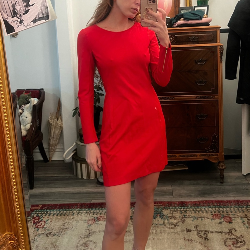 Theory red long sleeve above the knee stretchy sheath dress